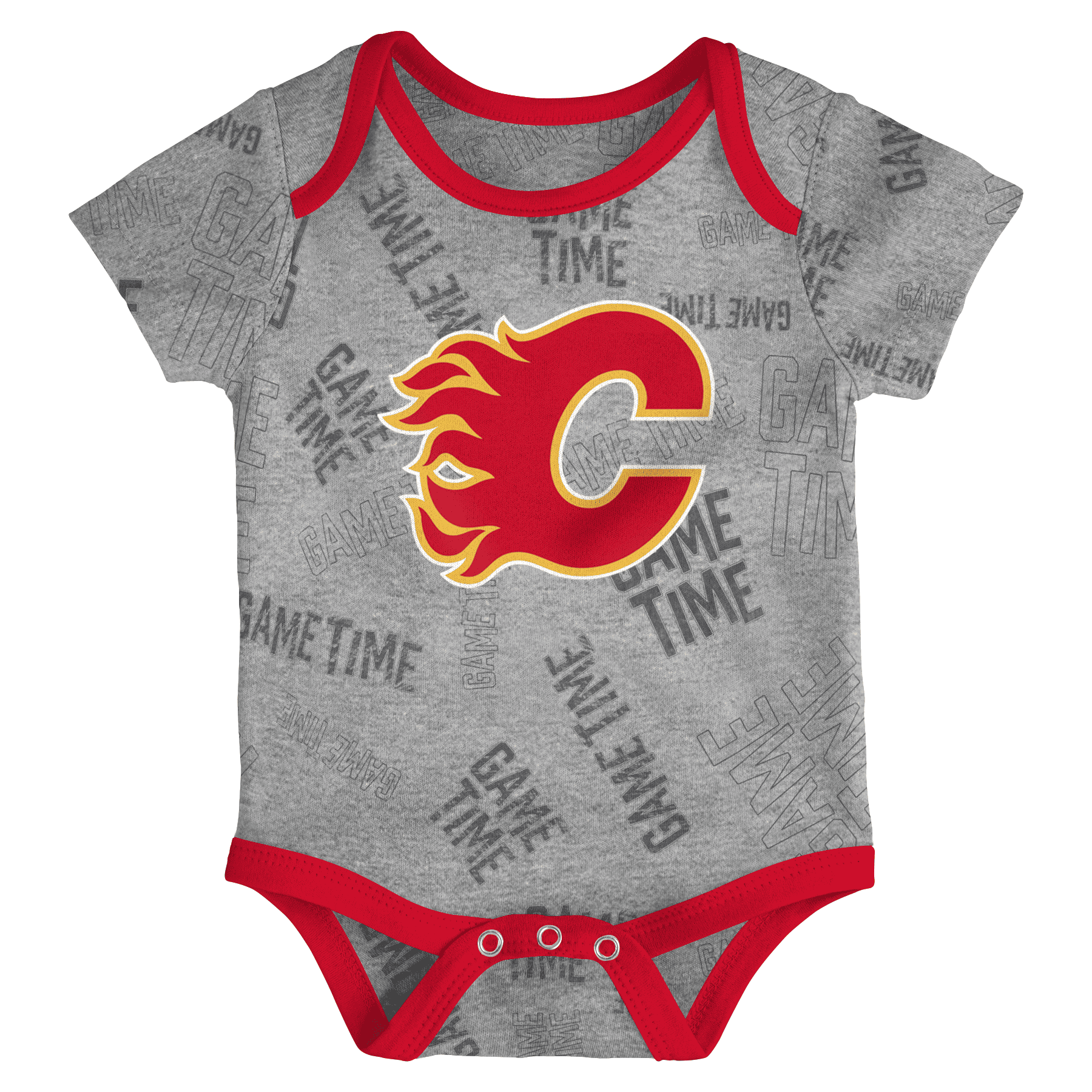 thumbnail interactive-video image 1 of Calgary Flames Newborn 3-Piece Creeper Set | Size 0-3 Months | 100% Cotton Team Outfit For Baby 1 of 11