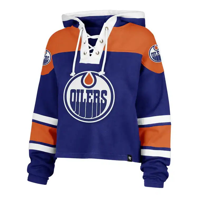 NHL　Edmonton Oilers　パーカー　レディスＬ　青　USA古着 Women's Edmonton Oilers '47 Brand Cropped Superior Lacer Fleece