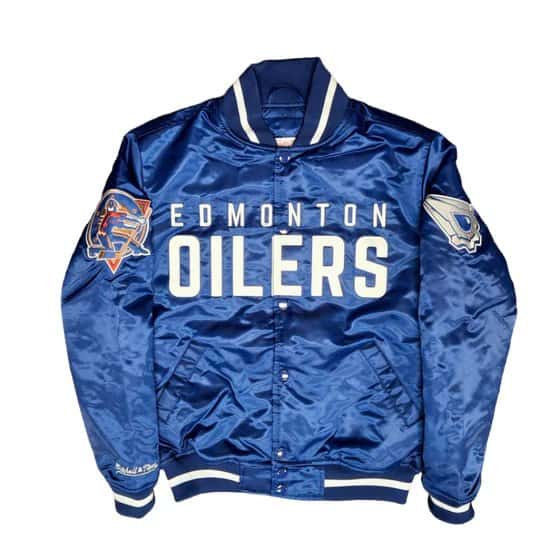 Men's Edmonton Oilers Mitchell & Ness Throw It Back Satin Jacket - Navy ...